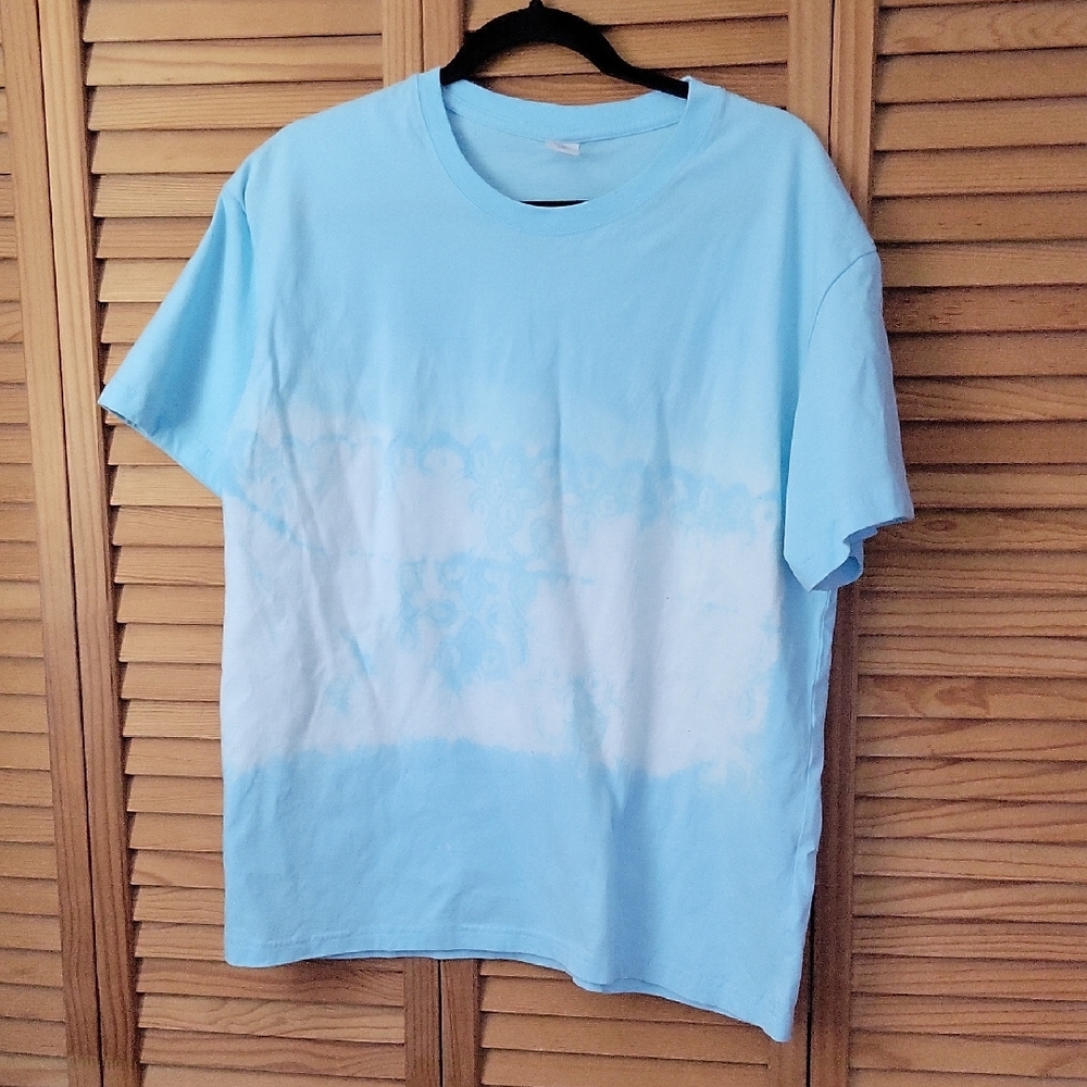 Handmade Bleach Tie Dye Tee Blue Lace Print Cotton Shirt Coastal Boho Size 2XL